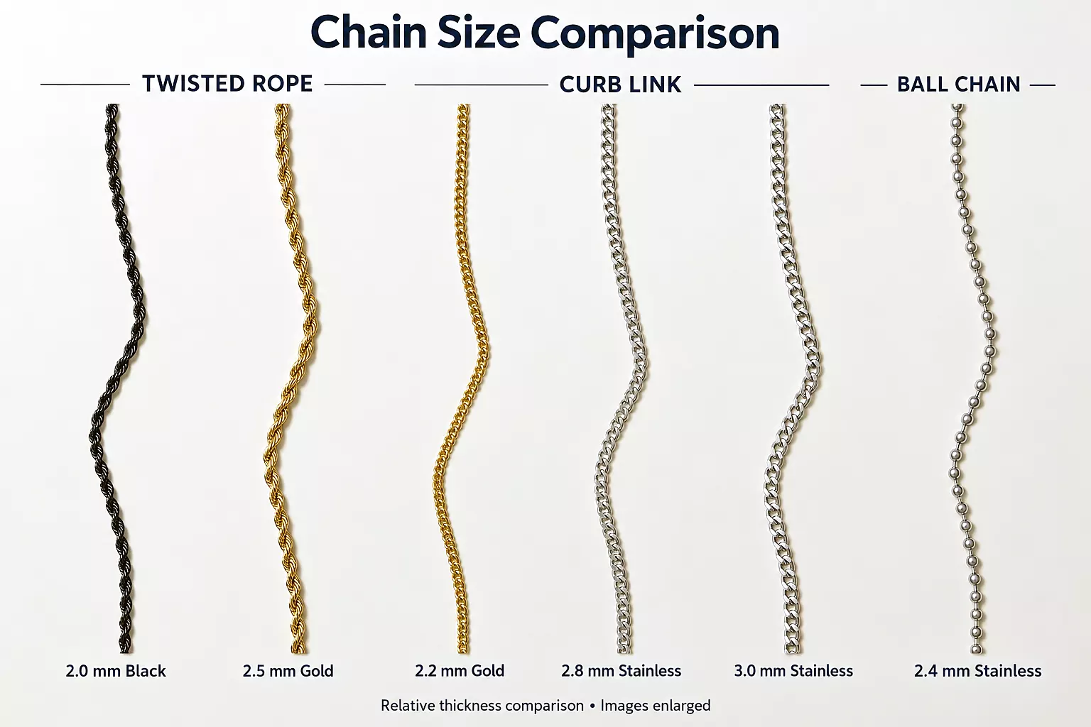Chain size comparison showing 2.0mm and 2.5mm twisted rope chains, 2.2mm, 2.8mm, and 3.0mm curb link chains, and a 2.4mm ball chain
