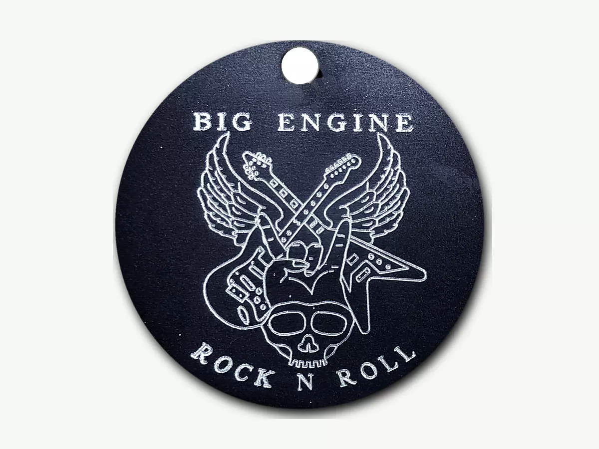 Big Engine Florida rock band black nodular tag with crossed guitars, wings and skull