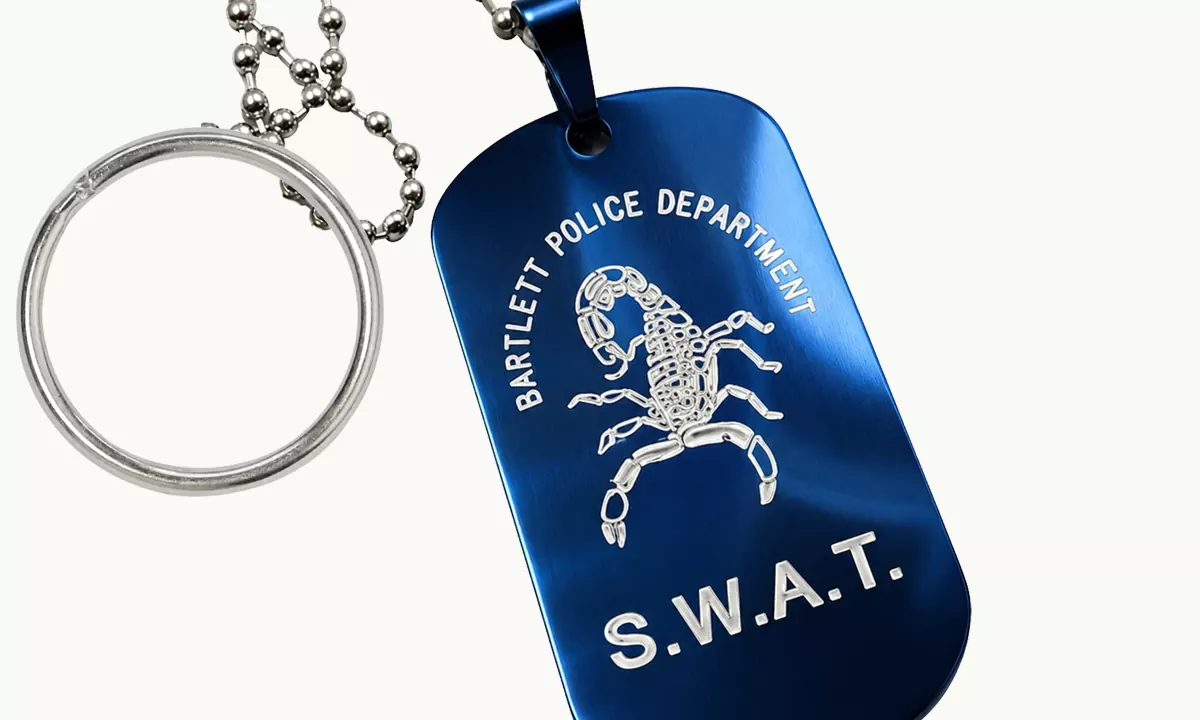 Blue stainless steel custom SWAT dog tag