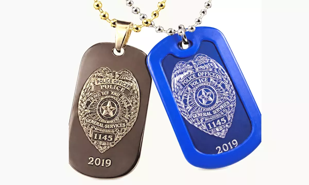 Gold-plated and blue aluminum custom event dog tags