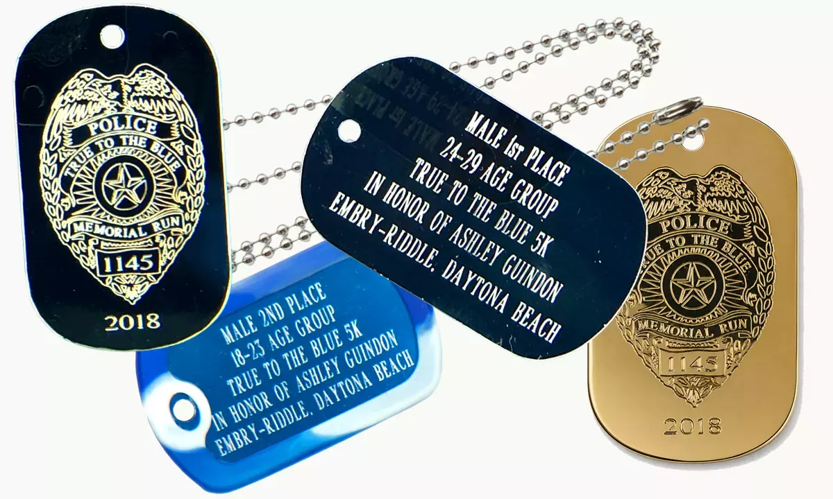 Nickel-plated and blue aluminum custom event dog tags