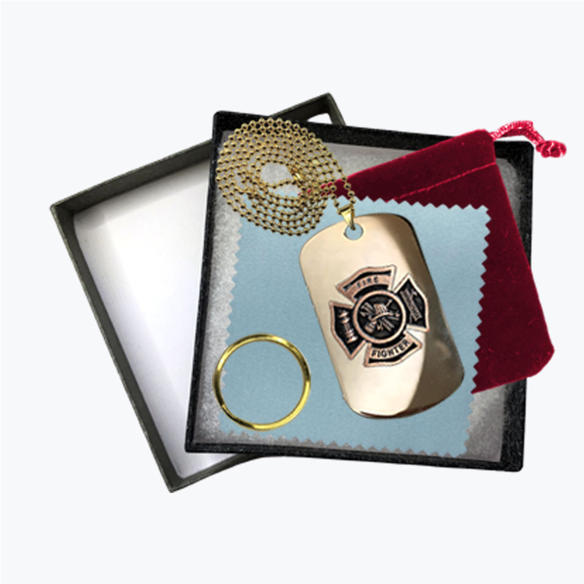 24K Gold-Plated Firefighter Copper Insignia Dog Tag Gift Set