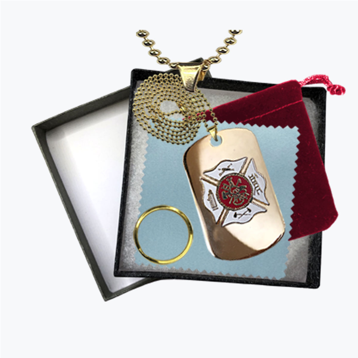 24K Gold-Plated Firefighter White Insignia Dog Tag Gift Set