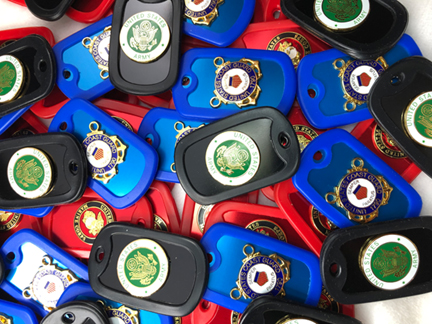 Engraved dog tags on workbench